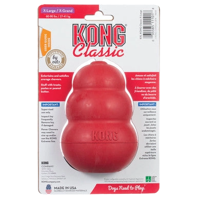 Kong® Classic,"Red rubber dog toy in retail blister packaging"