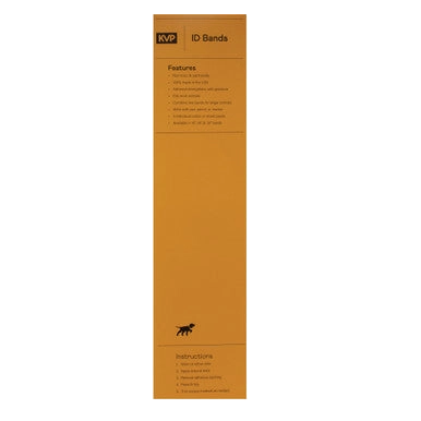 KVP ID Bands,"Tall orange product package with instructions panel"