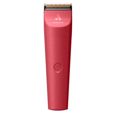 Vida Cordless Clipper by Andis,"Front view of red cordless clipper with gold blade"