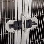 Module Stack Duo Dog Grooming Stainless Steel Cage,"Close-up of cage door latch and handle"