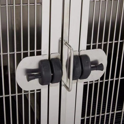 Module Stack Duo Dog Grooming Stainless Steel Cage,"Close-up of cage door latch and handle"