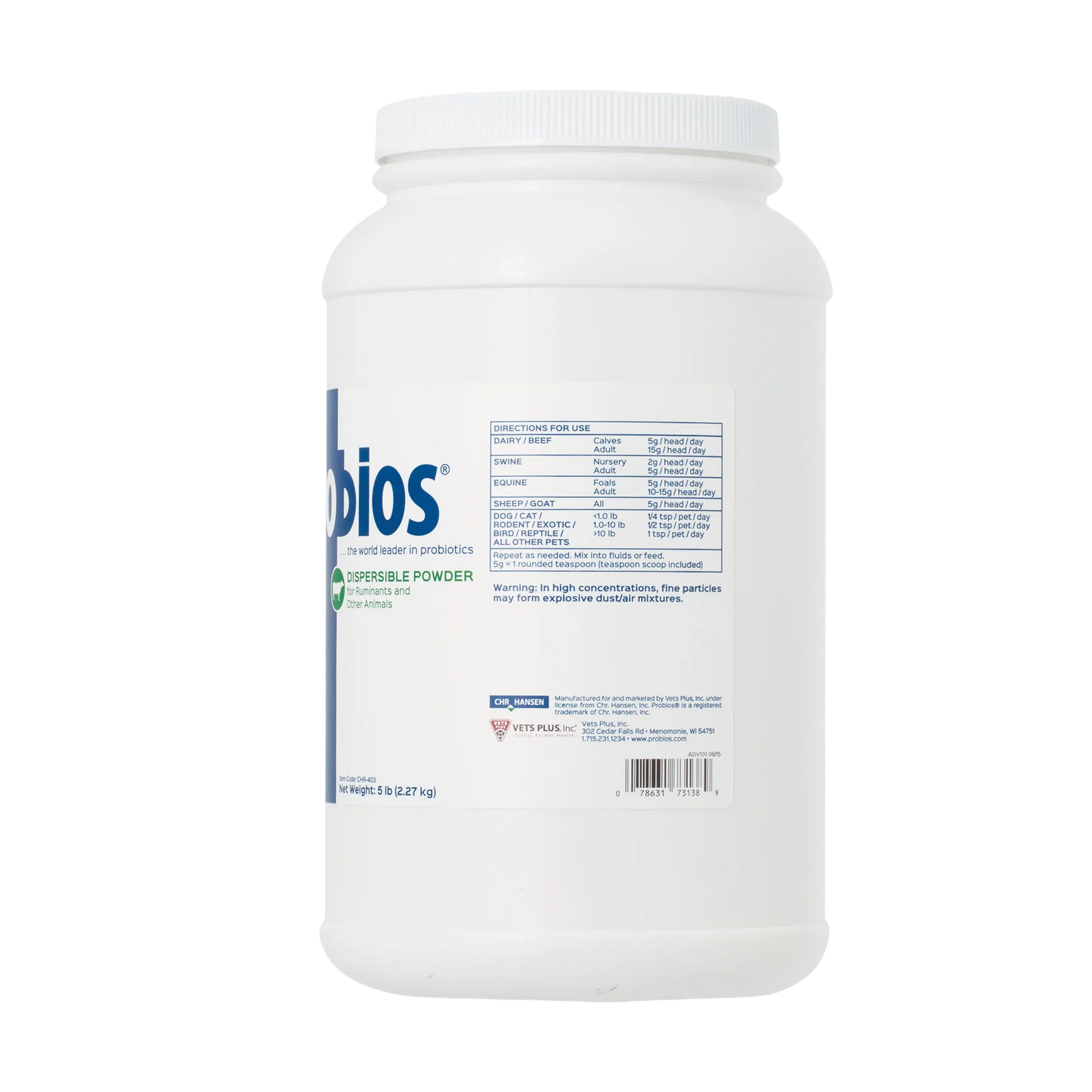"Probios® for Dogs, Horses, and Other Animals","White plastic powder jar, back label view"