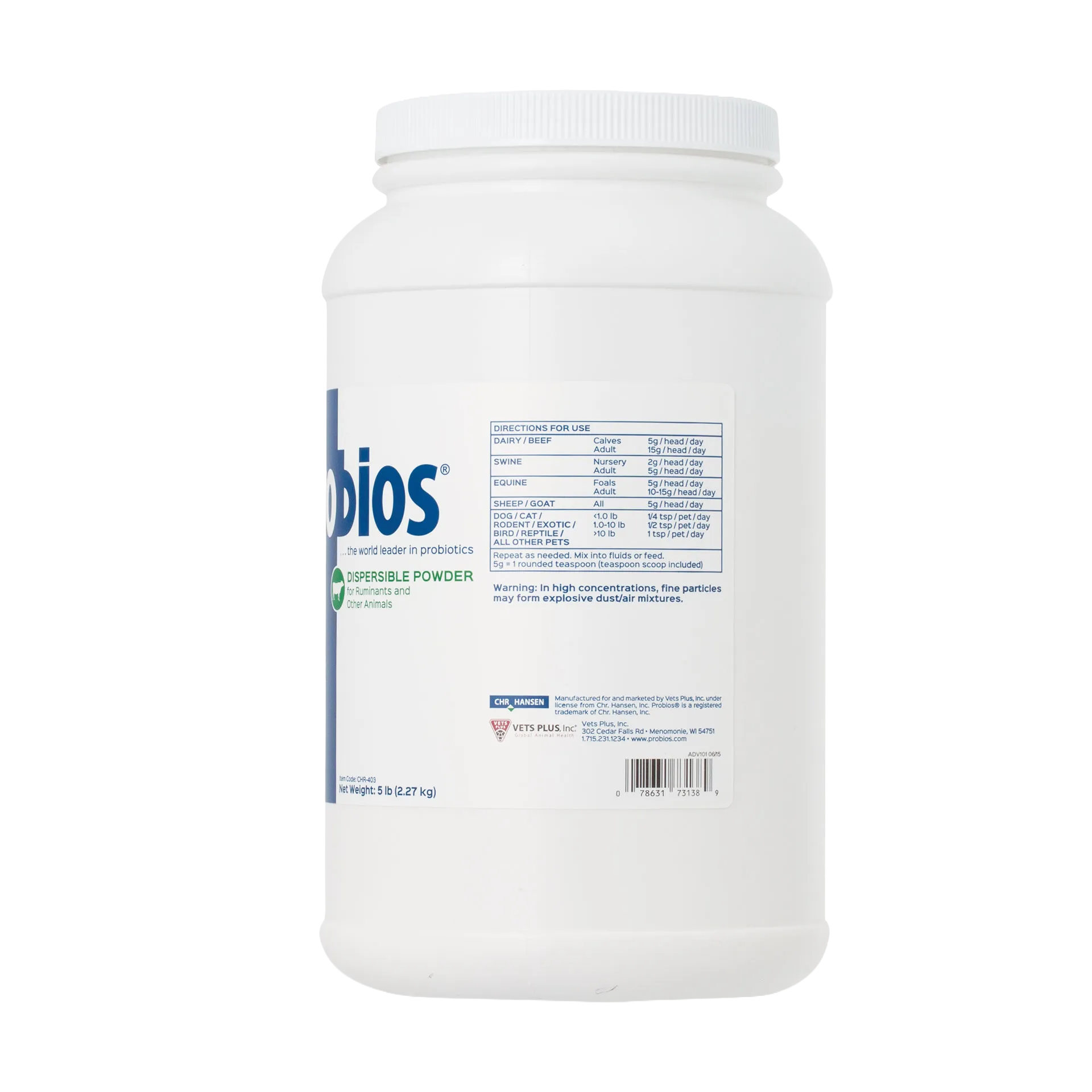 "Probios® for Dogs, Horses, and Other Animals","White plastic powder jar, back label view"