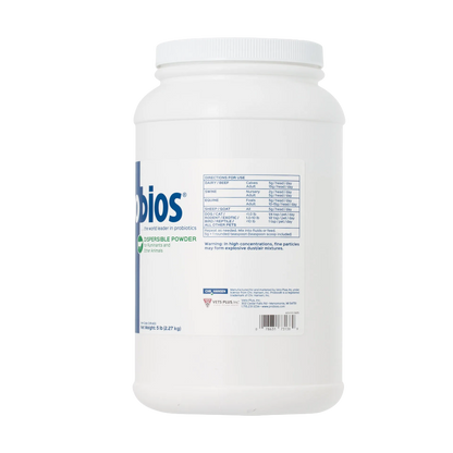 "Probios® for Dogs, Horses, and Other Animals","White plastic powder jar, back label view"
