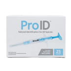 ProID® ISO Microchips,"Box with blue microchip injector and 25-count badge"