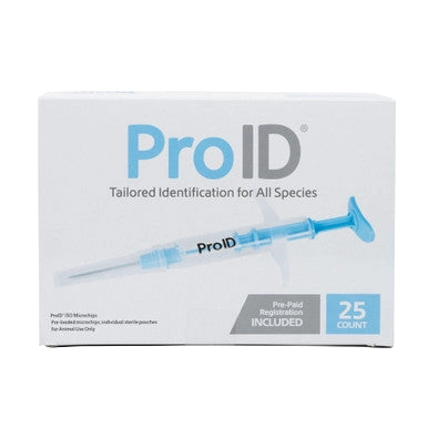 ProID® ISO Microchips,"Box with blue microchip injector and 25-count badge"