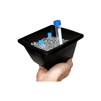Lab Armor Walkabout Tray,"Hand holding black tray with metal beads and blue-capped vials"