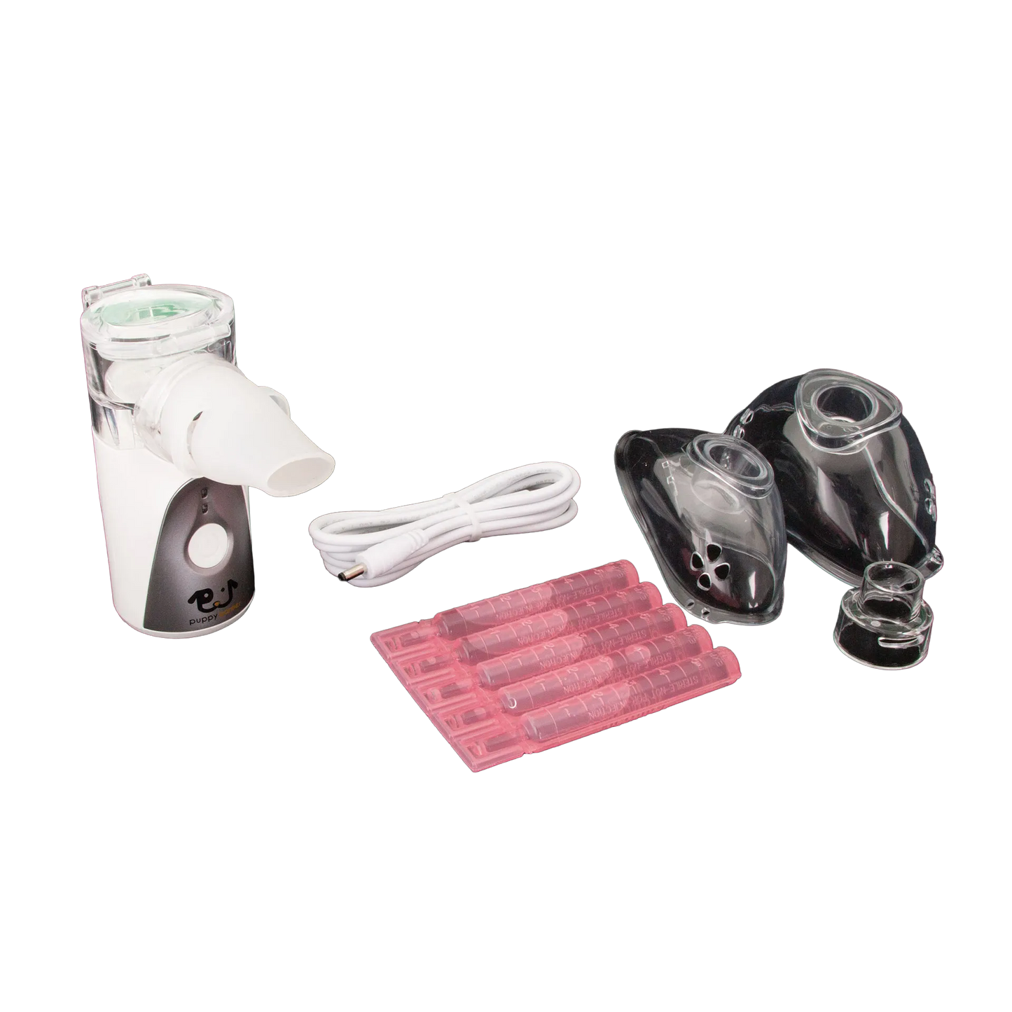 Puppywarmer Handheld Nebulizer,"Handheld nebulizer with masks, USB cable, and pink vials"