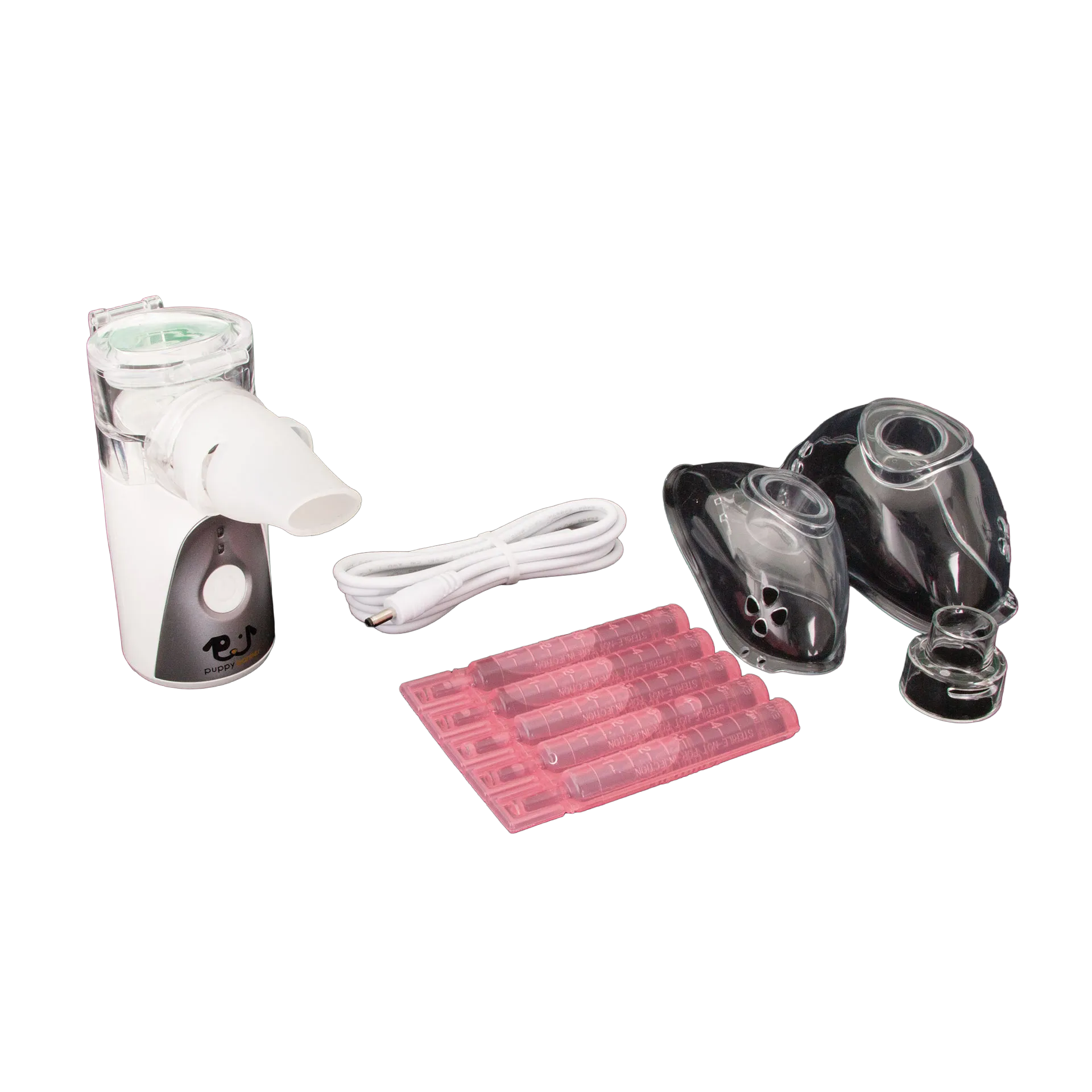 Puppywarmer Handheld Nebulizer,"Handheld nebulizer with masks, USB cable, and pink vials"