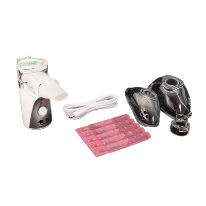 Puppywarmer Handheld Nebulizer,"Handheld nebulizer with masks, USB cable, and pink vials"