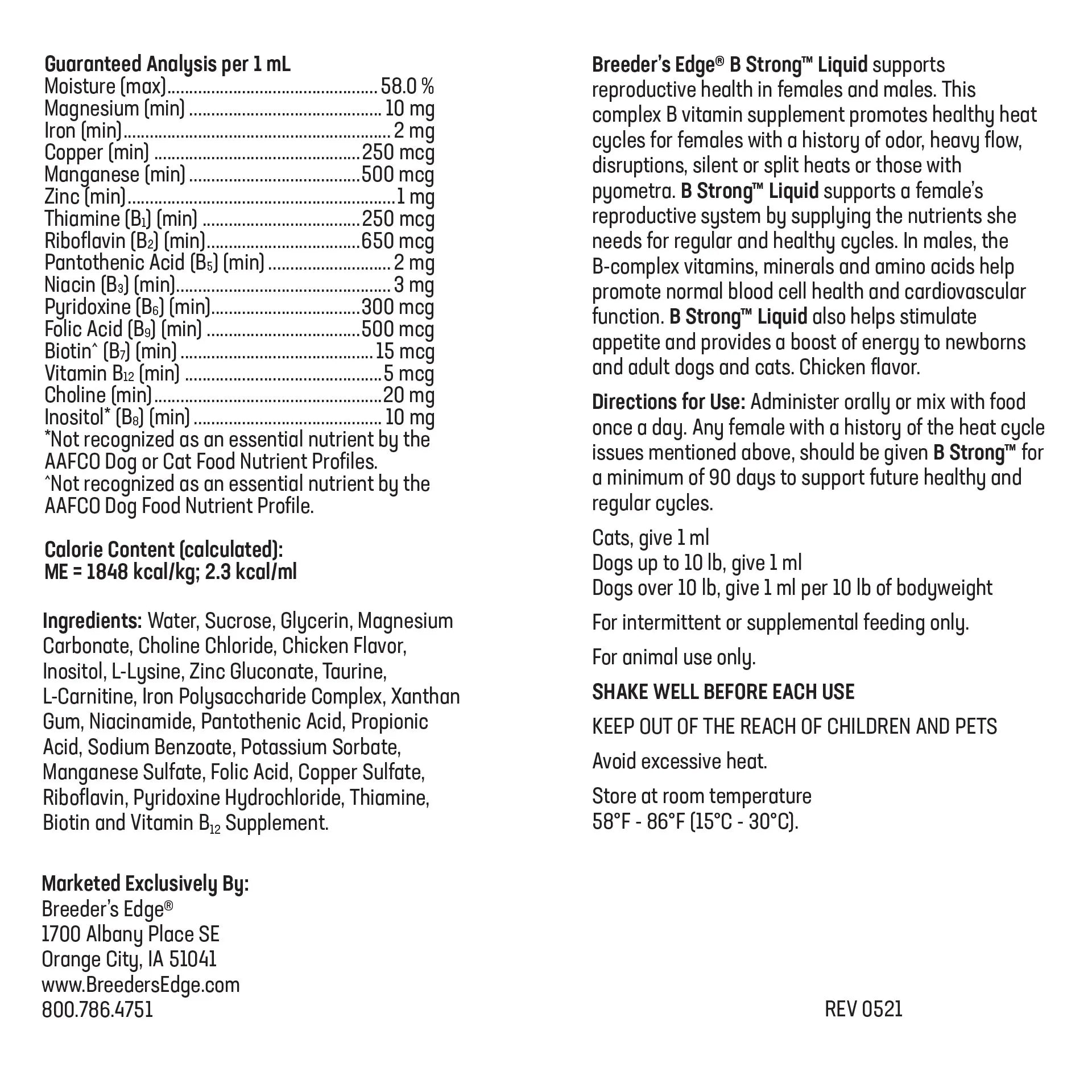 Breeder's Edge® B Strong™,"Back label of supplement bottle with directions panel"