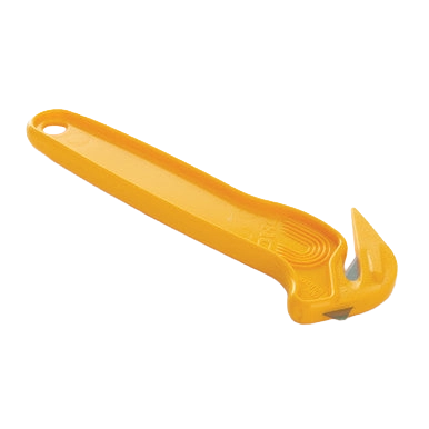 Plastic Wrap Cutter,"Yellow handheld wrap cutter with hooked blade end"