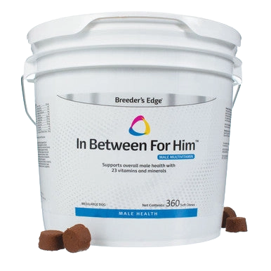 Breeder's Edge® In Between For Him™,"White handled bucket with chew pieces"