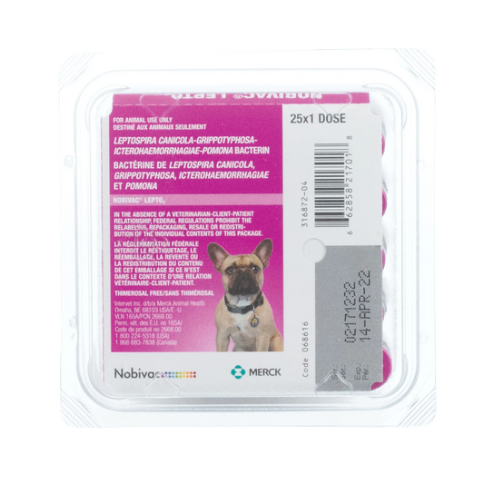 Nobivac® Canine Lepto4,"Pink vaccine tray pack with dog image and barcode label"