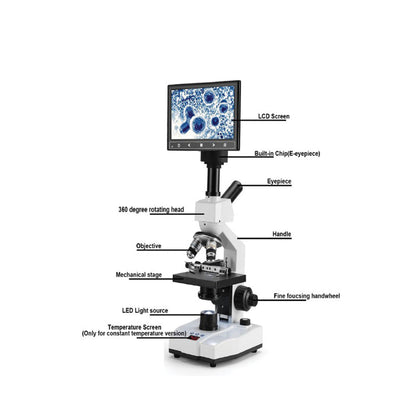 SS-MICROTEMP Heated Stage Microscope with LCD Screen,"Microscope with LCD display, mechanical stage, and temperature control panel"