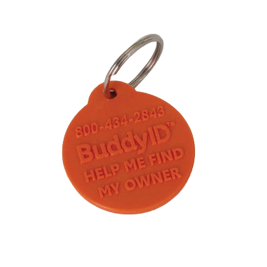BuddyID®  ISO Microchip,"Round orange pet ID tag with metal key ring"