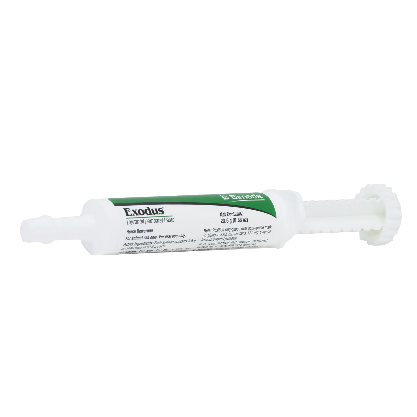 Exodus Paste Horse Dewormer,"White oral paste syringe with plunger and green label"
