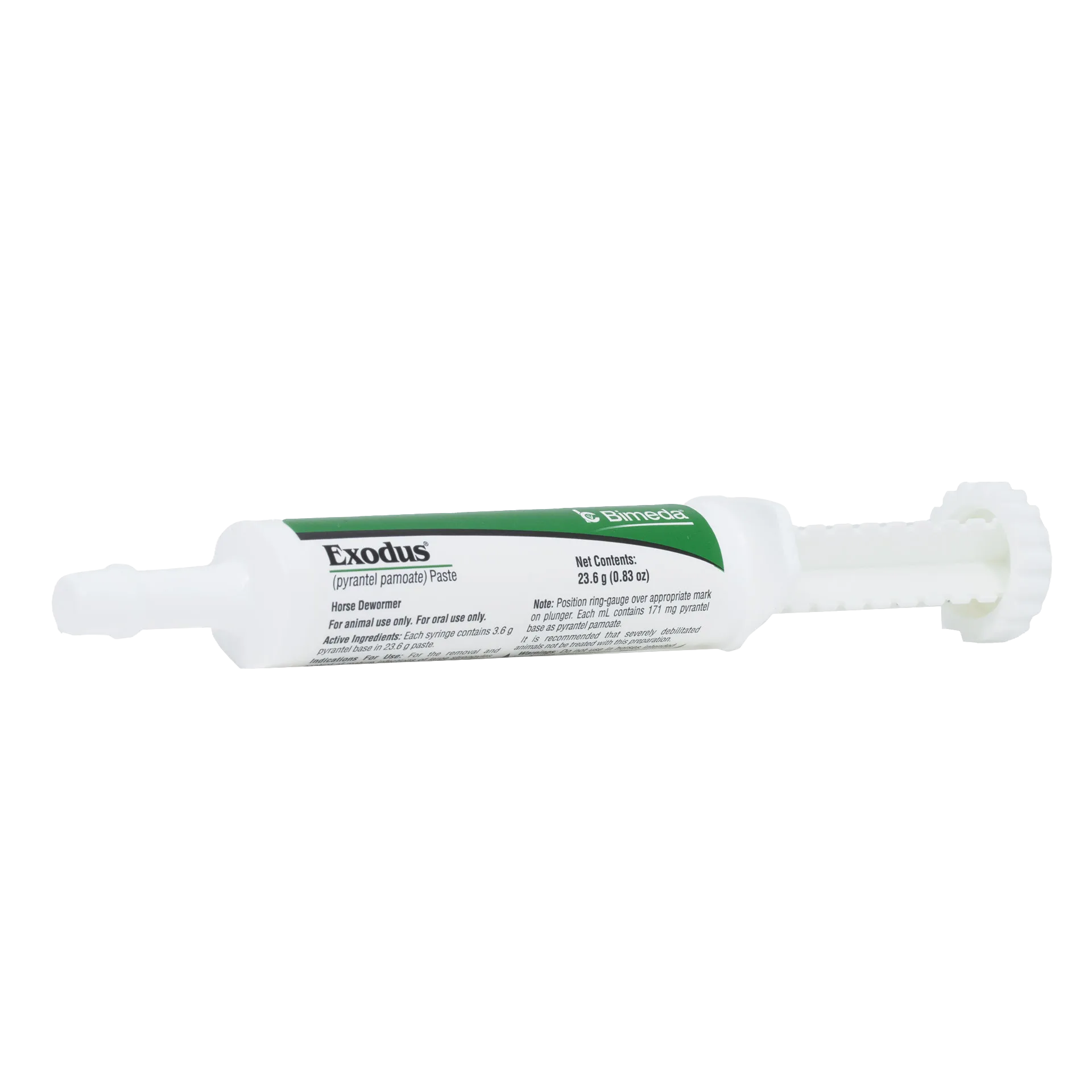 Exodus Paste Horse Dewormer,"White oral paste syringe with plunger and green label"