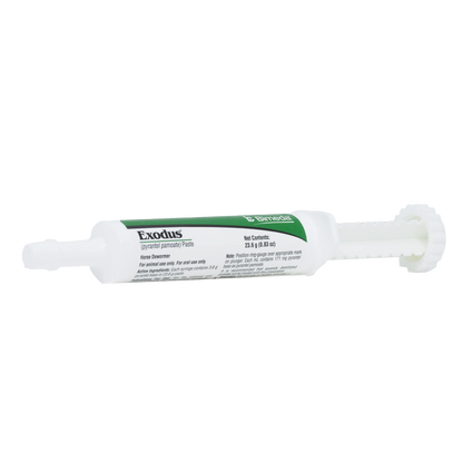 Exodus Paste Horse Dewormer,"White oral paste syringe with plunger and green label"