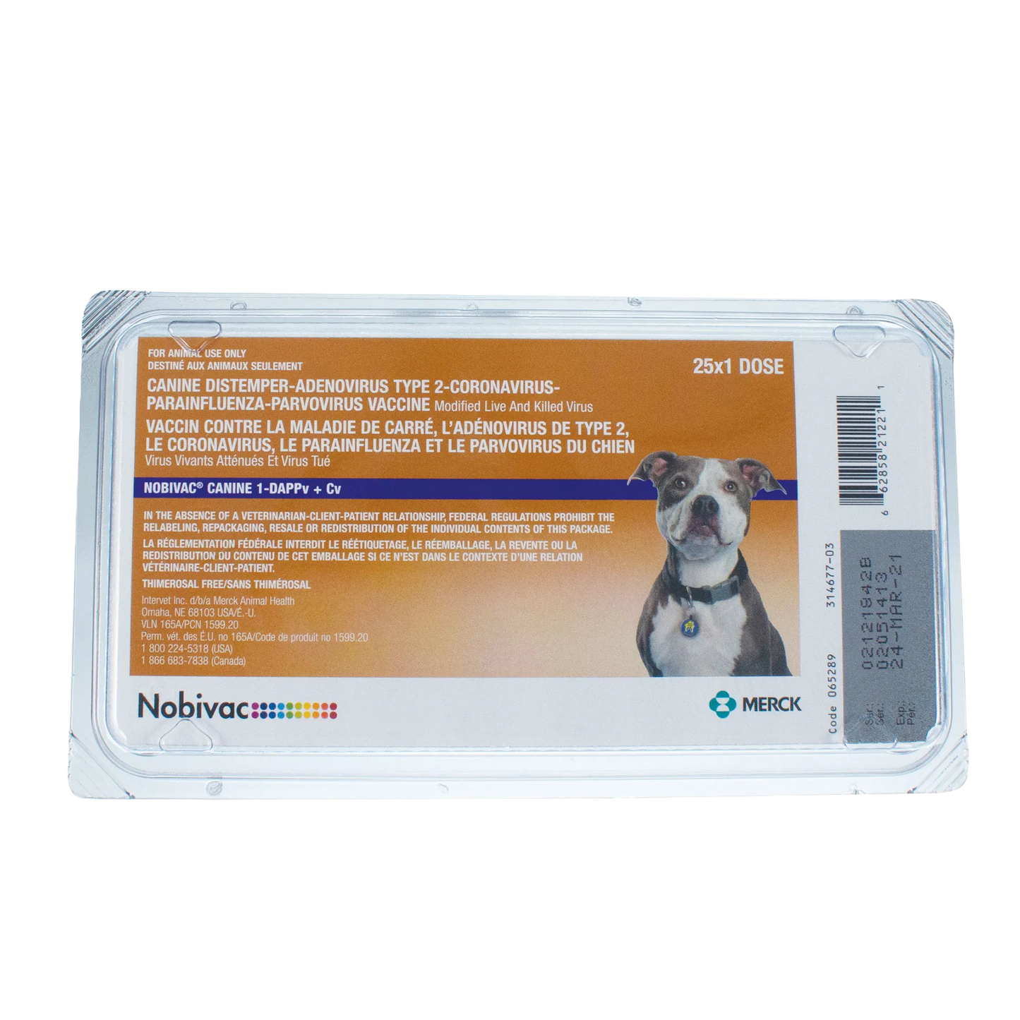 Nobivac® Canine 1-DAPPv+Cv,"Front of vaccine package with dog image"