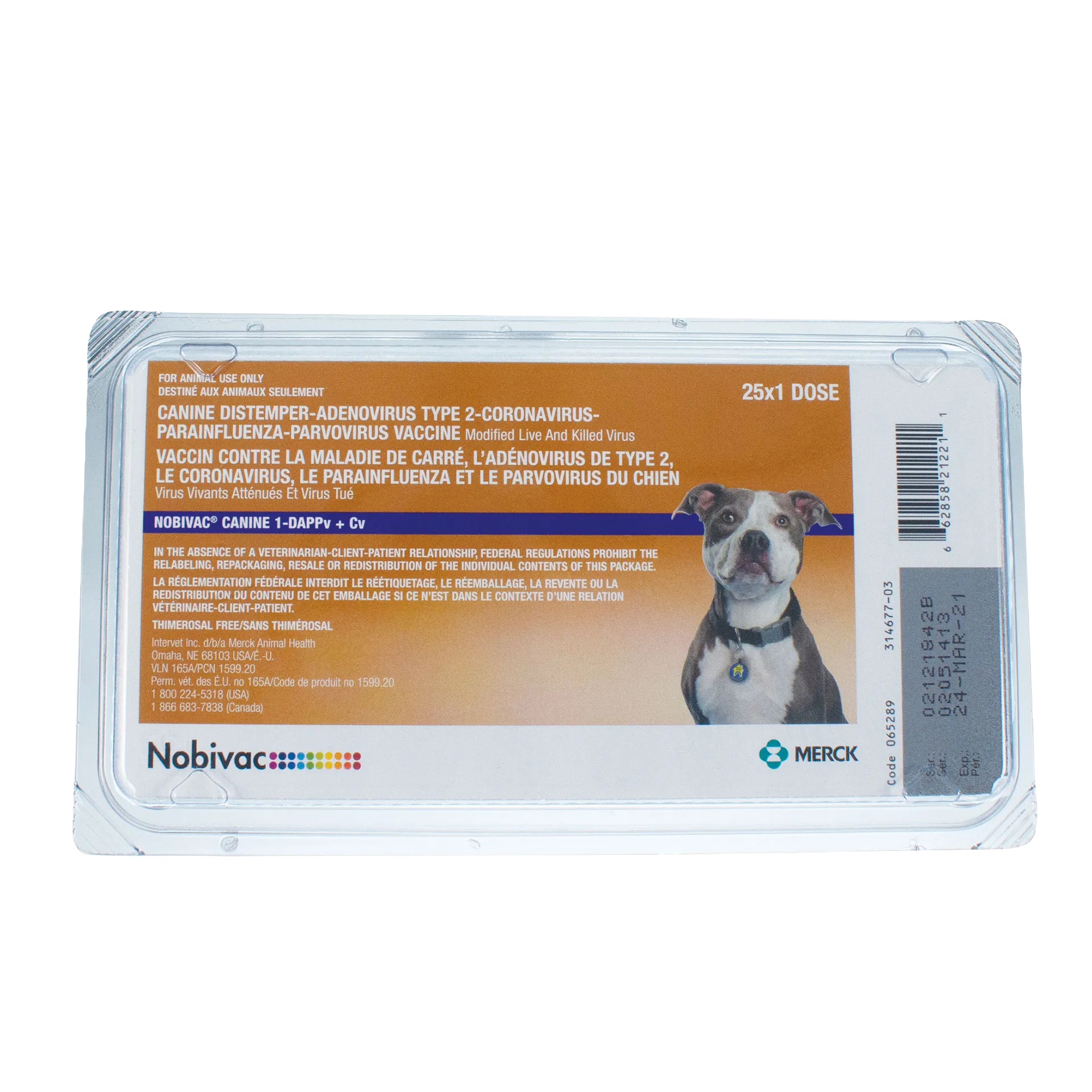 Nobivac® Canine 1-DAPPv+Cv,"Front of vaccine package with dog image"