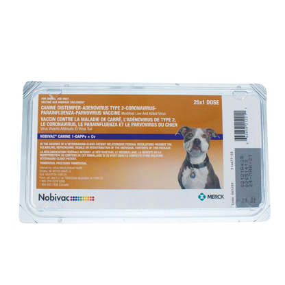 Nobivac® Canine 1-DAPPv+Cv,"Front of vaccine package with dog image"