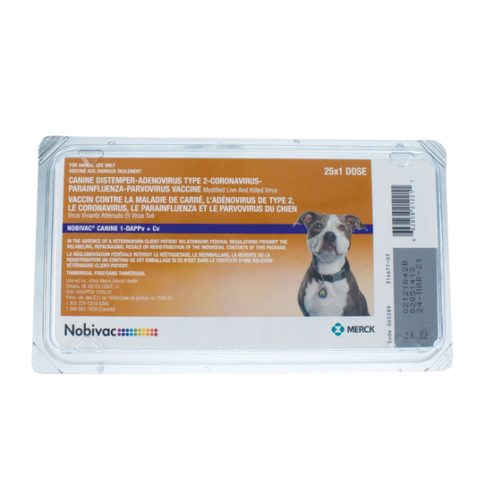 Nobivac® Canine 1-DAPPv+Cv,"Front of vaccine package with dog image"