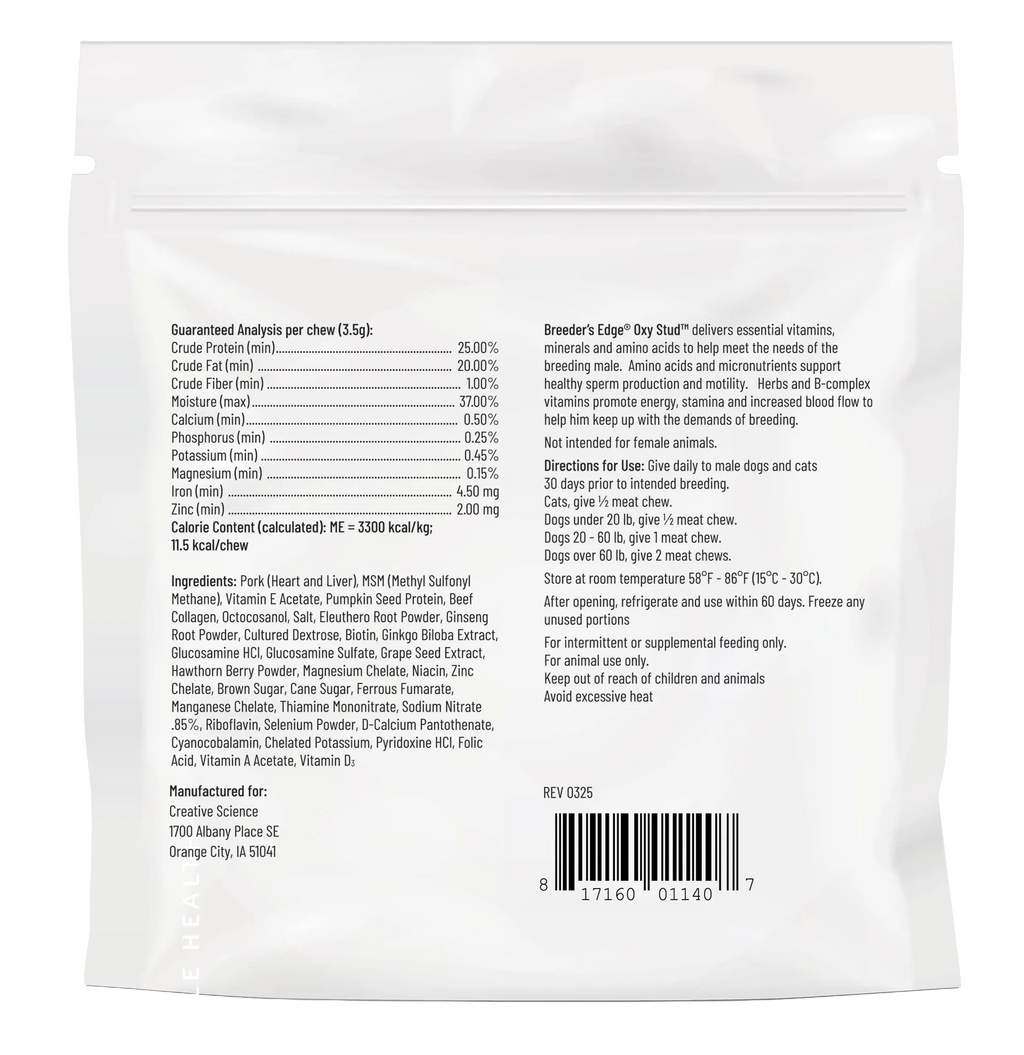 Breeder's Edge® Oxy Stud™,"Back view of white resealable pouch with barcode"