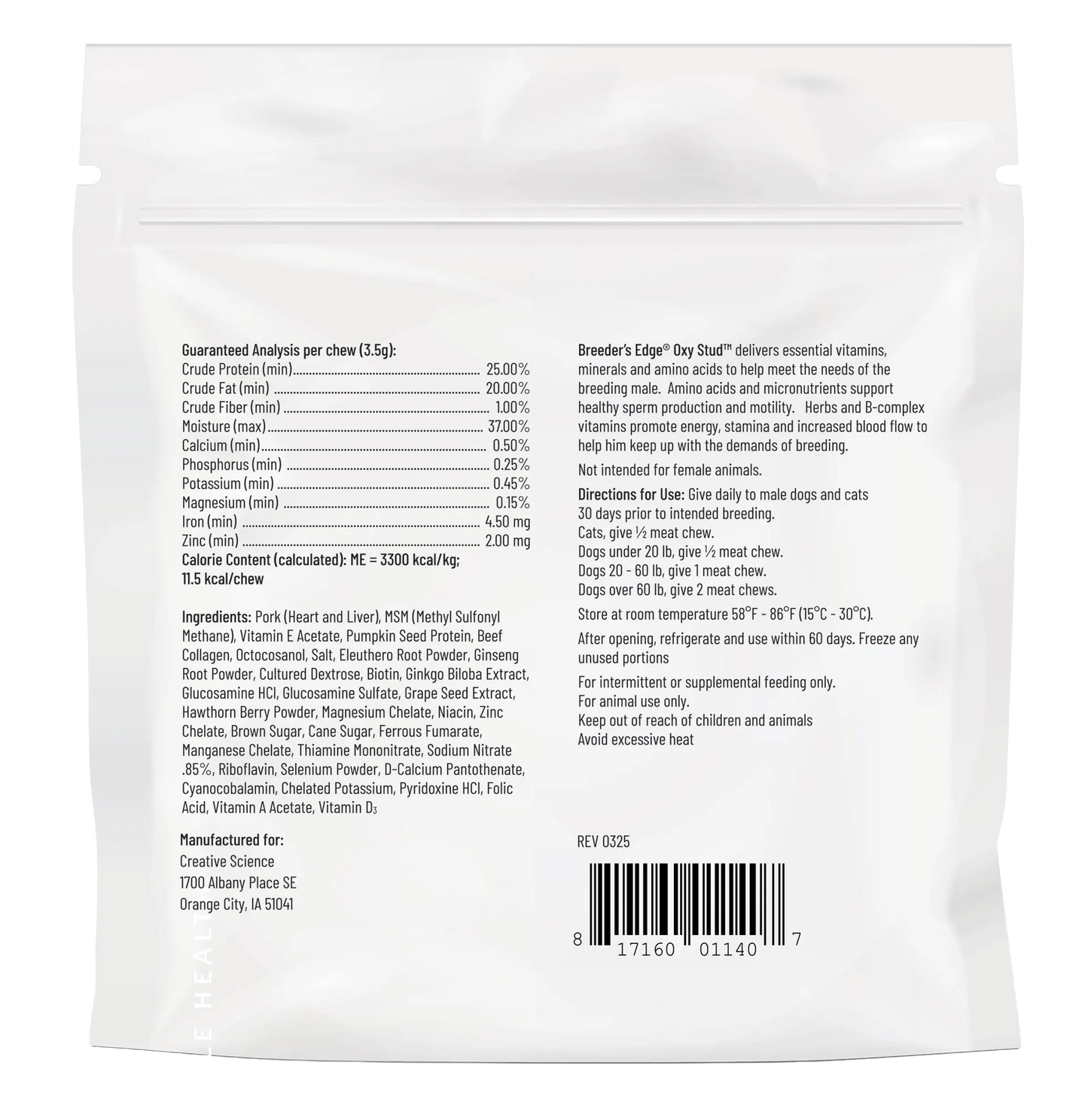 Breeder's Edge® Oxy Stud™,"Back view of white resealable pouch with barcode"