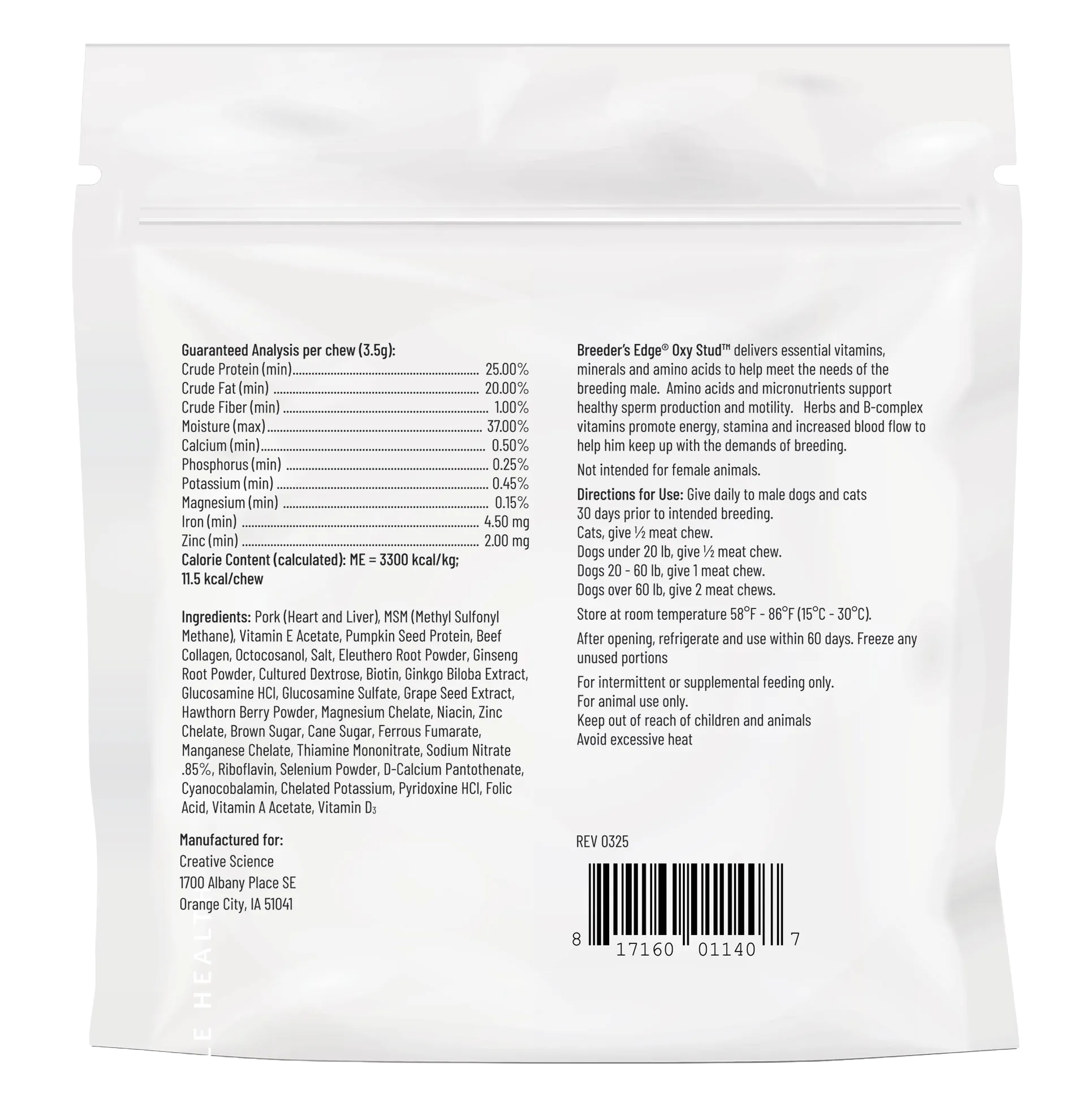 Breeder's Edge® Oxy Stud™,"Back view of white resealable pouch with barcode"