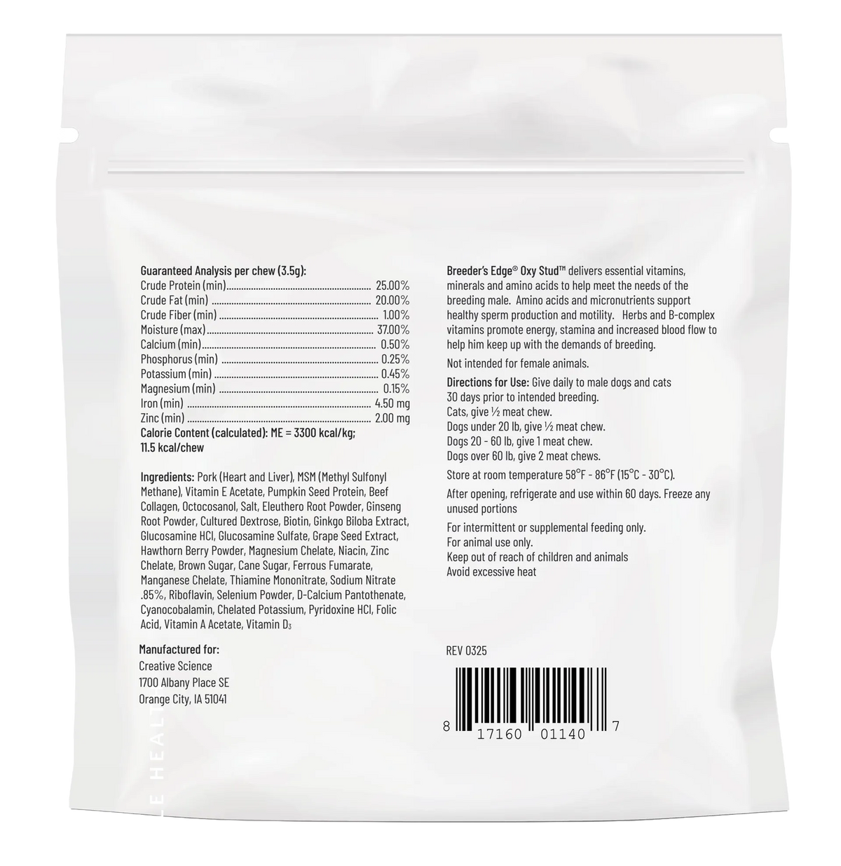 Breeder's Edge® Oxy Stud™,"Back view of white resealable pouch with barcode"