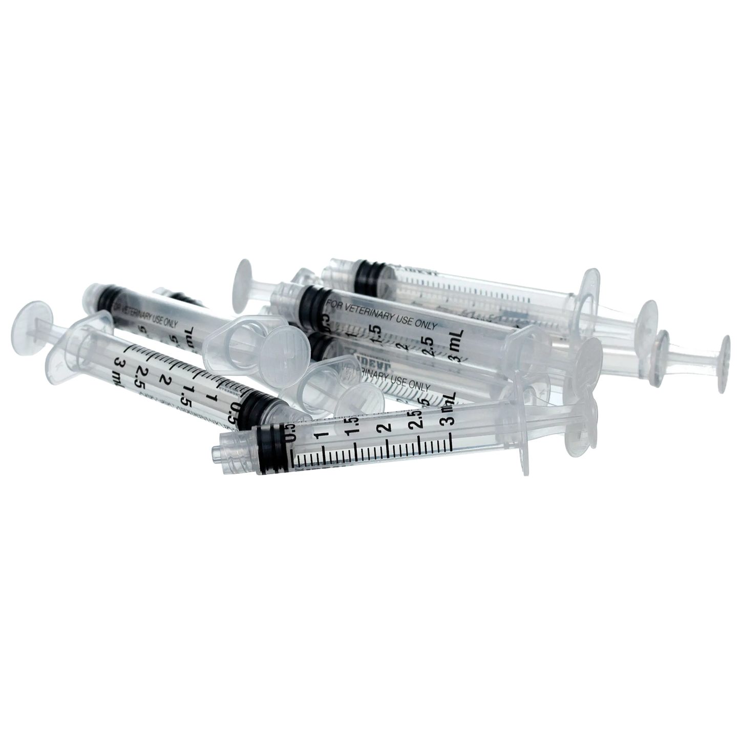Small Syringes without Needles,"Clear 3 mL syringes with black measurement markings"
