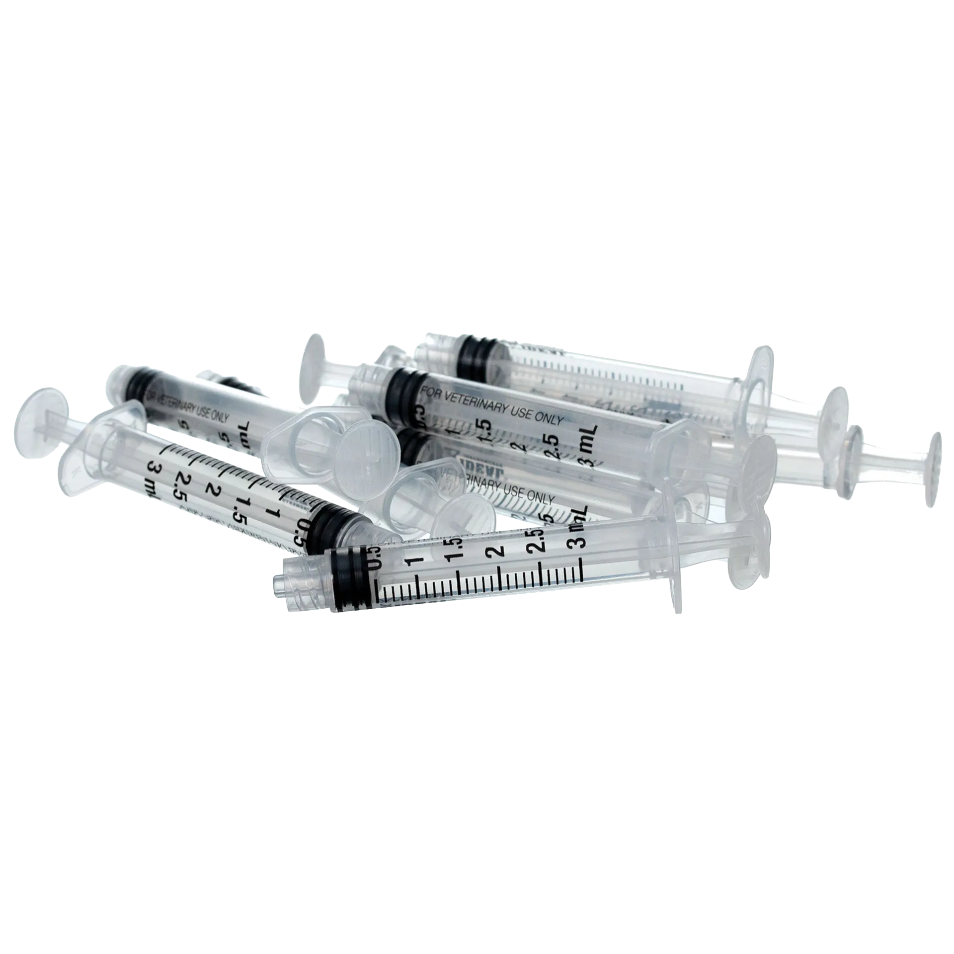 Small Syringes without Needles,"Clear 3 mL syringes with black measurement markings"
