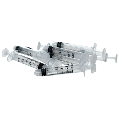 Small Syringes without Needles,"Clear 3 mL syringes with black measurement markings"
