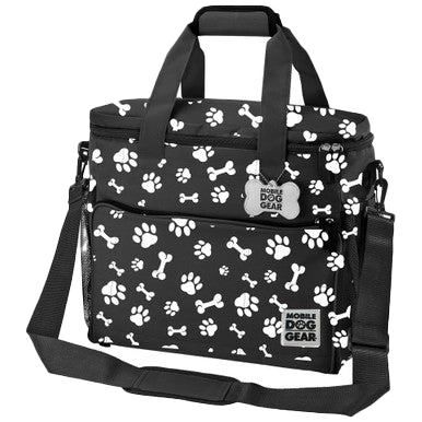 Week Away® Tote Bag,"Black tote bag with paw and bone print, handles and shoulder strap"
