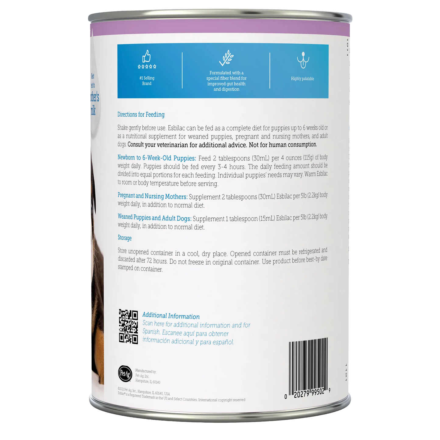 Esbilac® Puppy Milk Replacer,"Back of can with feeding directions and barcode"