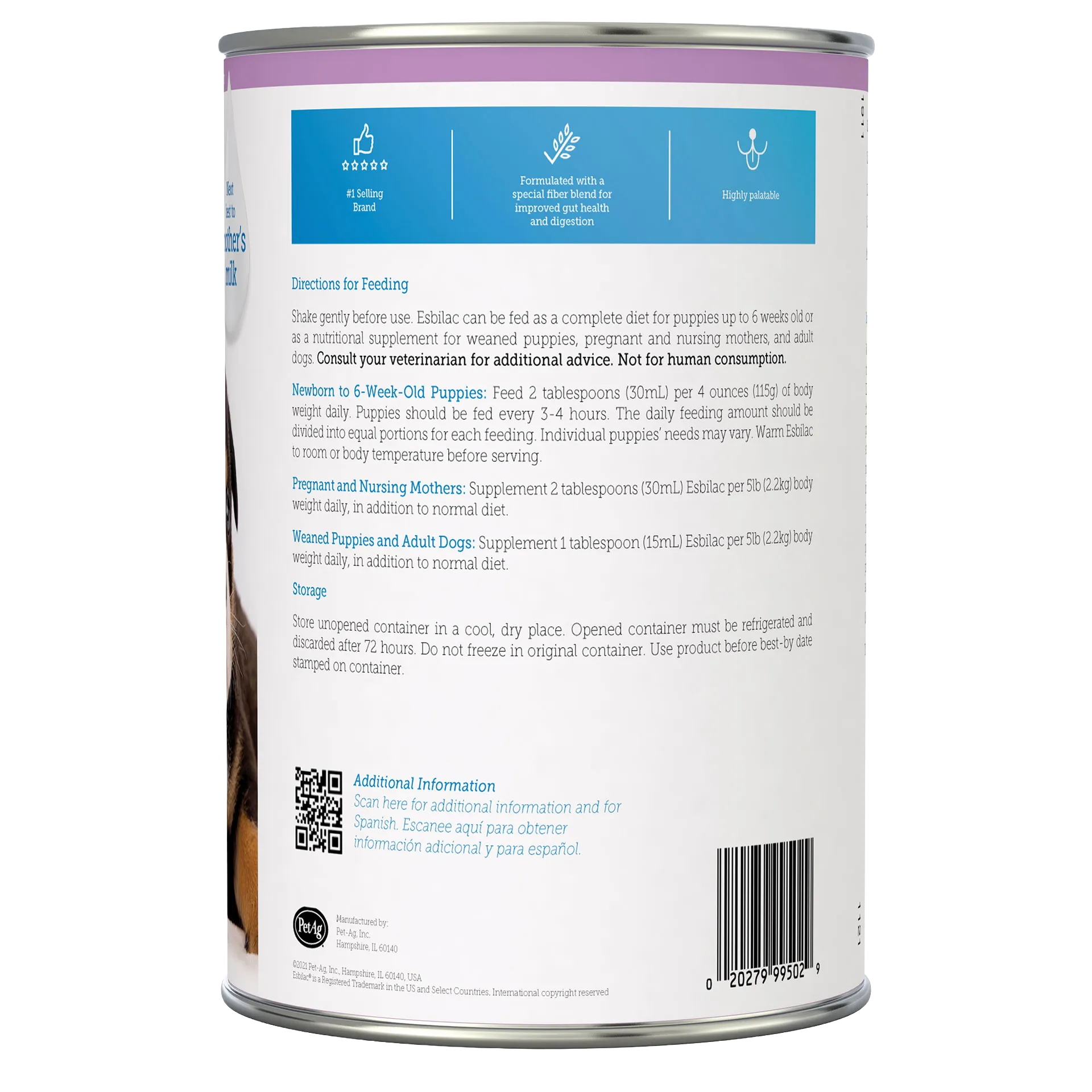 Esbilac® Puppy Milk Replacer,"Back of can with feeding directions and barcode"