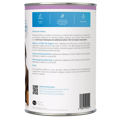 Esbilac® Puppy Milk Replacer,"Back of can with feeding directions and barcode"