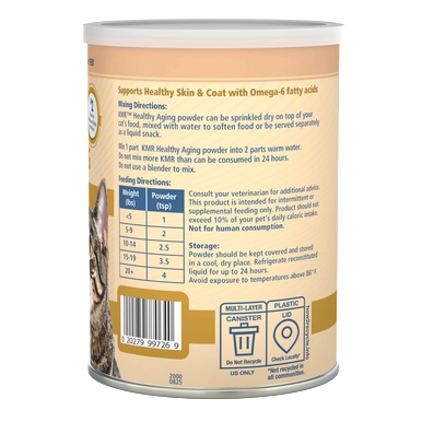 PetAg Healthy Aging Powder,"Back of powder canister with feeding directions label"