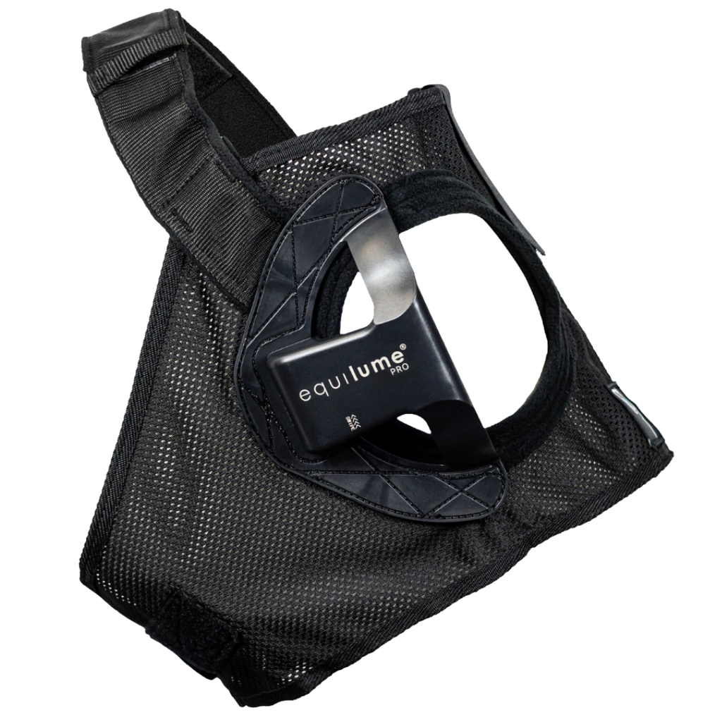 Equilume Light Mask,"Black mesh horse mask with attached light module"