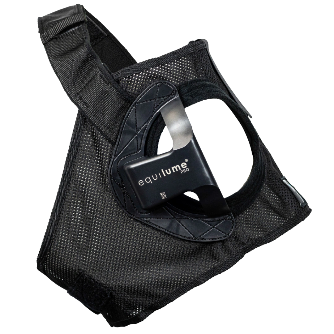 Equilume Light Mask,"Black mesh horse mask with attached light module"