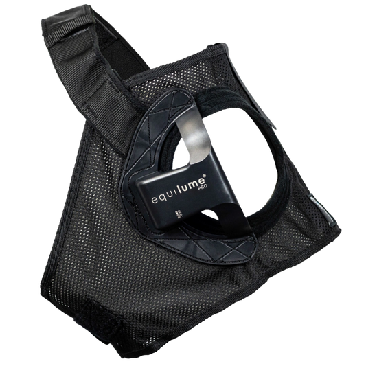 Equilume Light Mask,"Black mesh horse mask with attached light module"