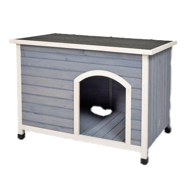 Eilio™ Folding Wood Dog Home,"Blue wooden dog house with arched doorway and black roof"