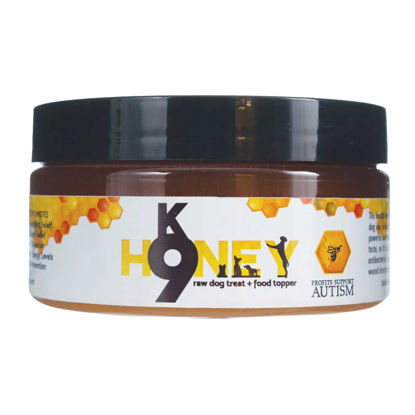 K9 Honey,"Amber jar with black lid and front label"