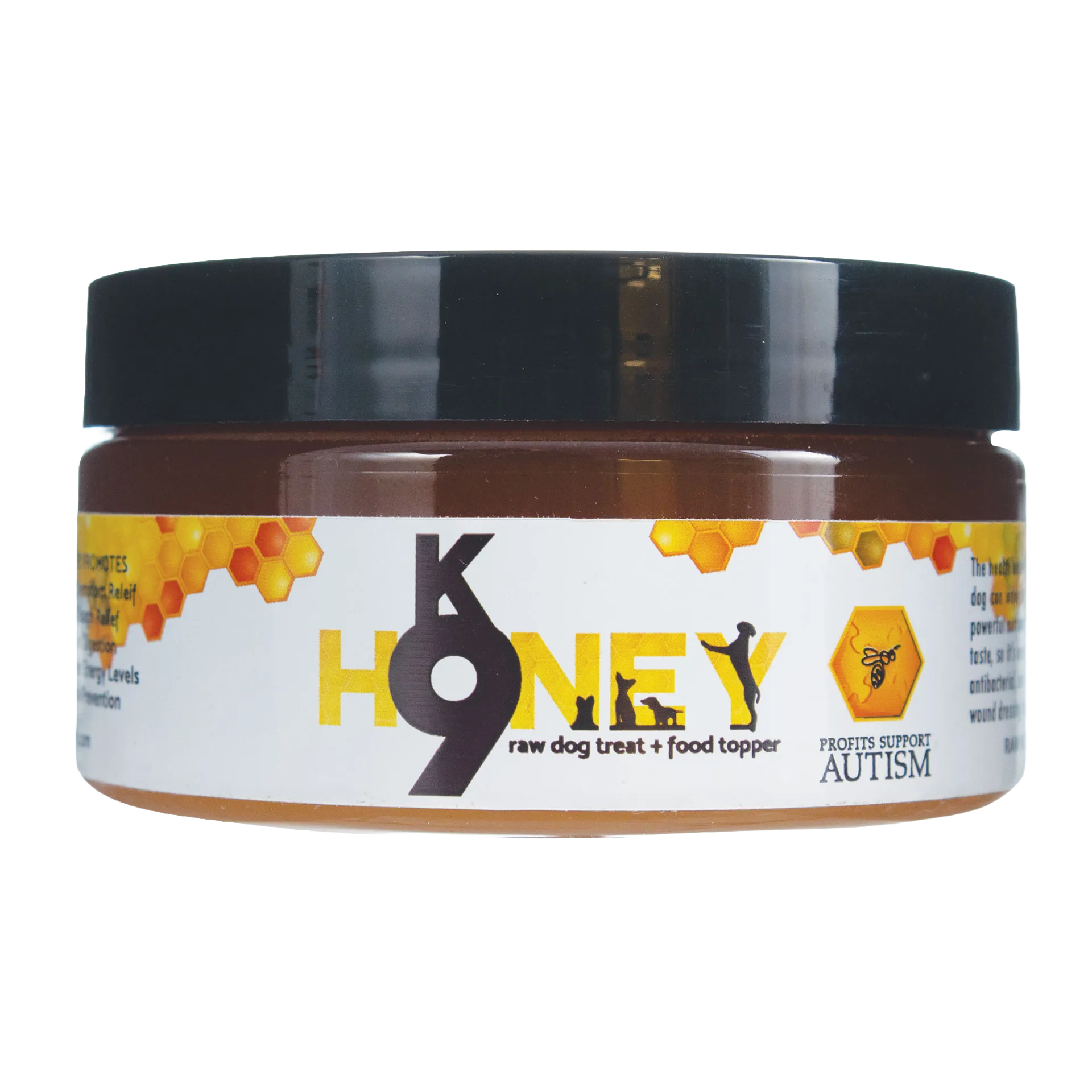 K9 Honey,"Amber jar with black lid and front label"