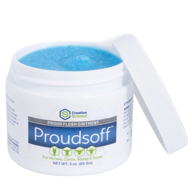 Proudsoff™,"Open ointment jar with blue contents and lid"