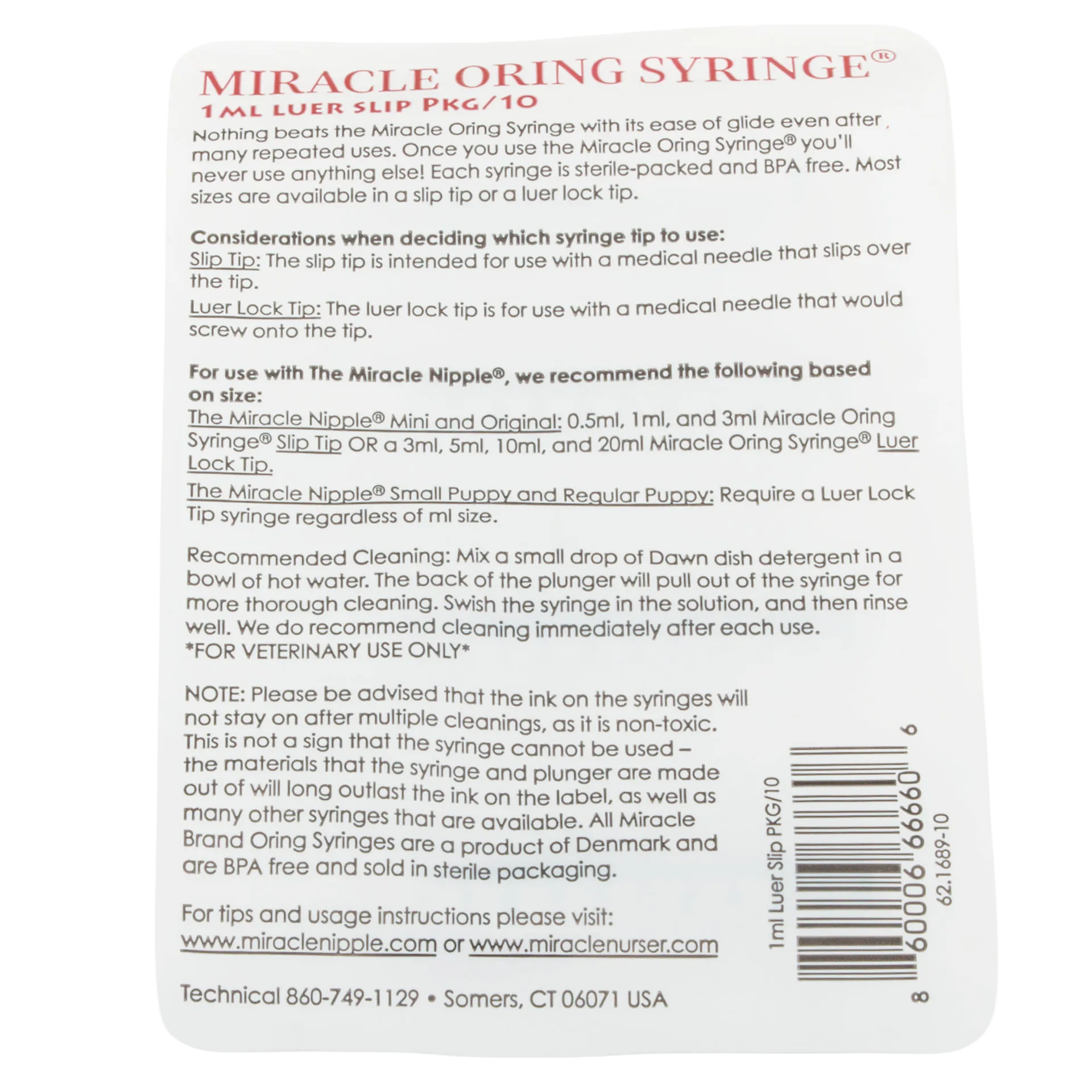 Miracle Nipple O-ring Syringe,"Back of package with usage instructions and barcode"