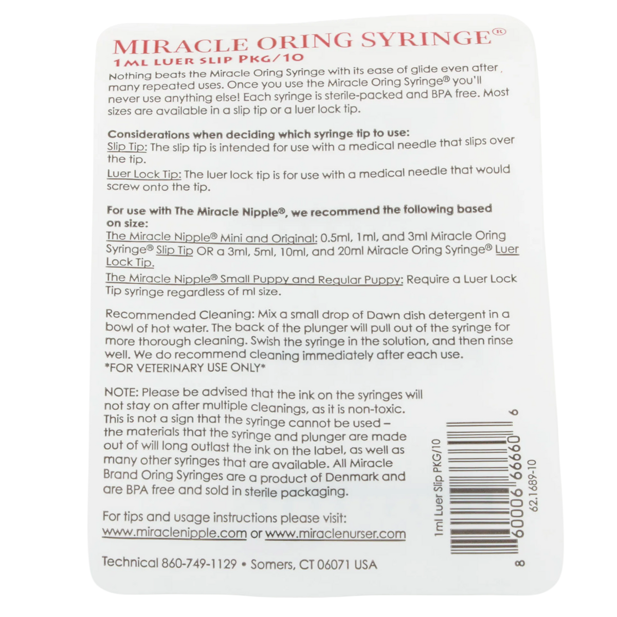 Miracle Nipple O-ring Syringe,"Back of package with usage instructions and barcode"