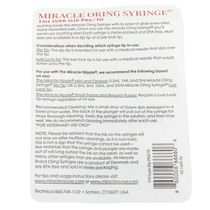 Miracle Nipple O-ring Syringe,"Back of package with usage instructions and barcode"