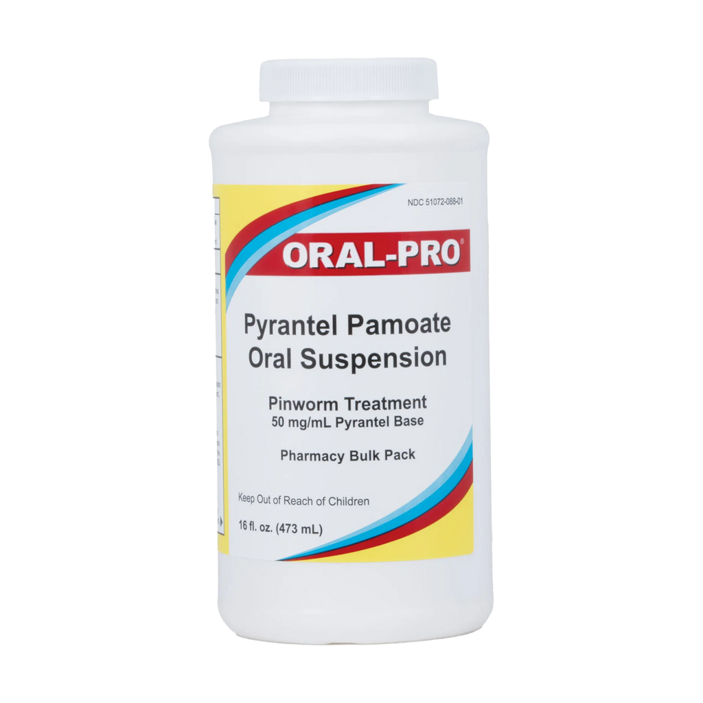 Pyrantel Pamoate Suspension, 50mg,"White bottle with screw cap and front label"